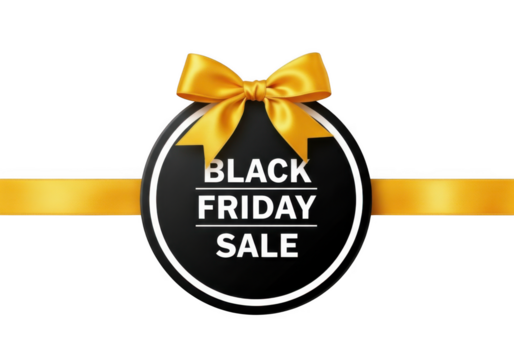 Black Friday Sale Round Badge with Yellow Ribbon isolated on transparent background - Powered by Adobe