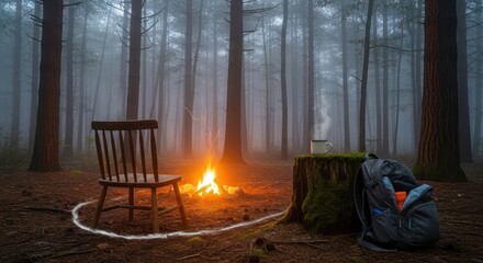 Mystical forest camping scene featuring a glowing fire, chair, and steaming mug