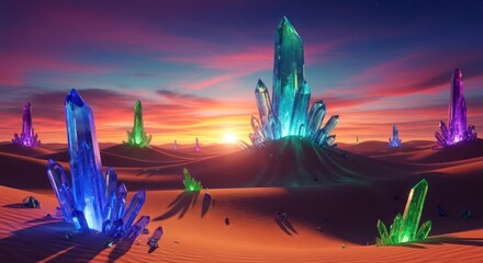 Mystical crystal landscape at sunset featuring vibrant gemstone formations in a desert expanse