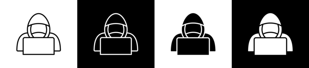 Hacker icon set in line and glyph style on black and white background