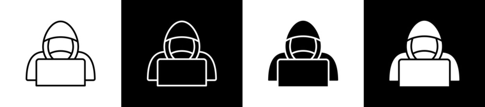 Hacker icon set in line and glyph style on black and white background