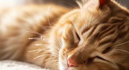 Peaceful slumber, close-up of a ginger cat's tranquil nap with soft sunlight and a droplet on a
