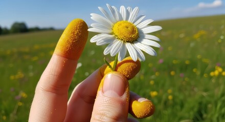 Playful encounter with nature daisy held by hand with pollen-covered fingertips in sunlit field