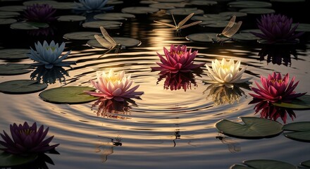 Serene water garden with blooming water lilies and delicate dragonflies dancing on a tranquil pond