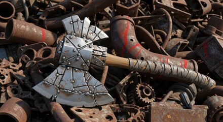 Steampunk axe lies amidst a rusty scrapyard, a study in contrasting textures and materials