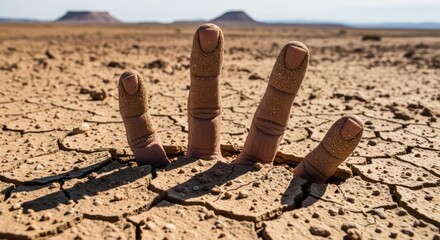 Surreal hand emerging from parched earth, symbolizing arid climates and environmental issues