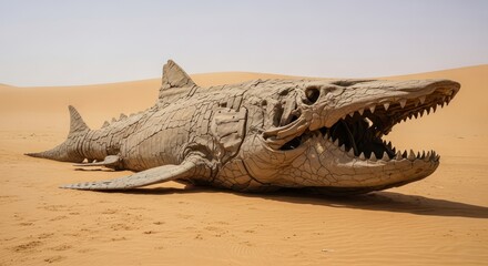 Surreal juxtaposition of a colossal shark skeleton resting peacefully in arid desert landscape