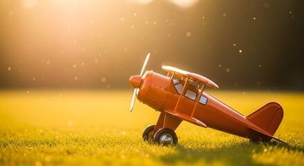 Whimsical orange toy airplane rests in sunlit grassy field evoking childhood dreams and adventurous spirit