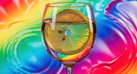 Vibrant lemon slice resting in a pristine glass against an abstract backdrop