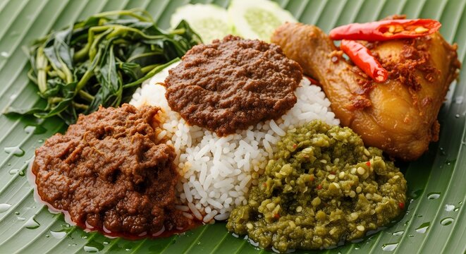 A delicious plate of Nasi Padang, a traditional Indonesian rice dish with beef rendang, spicy chicken, and green chili sambal served on a banana leaf