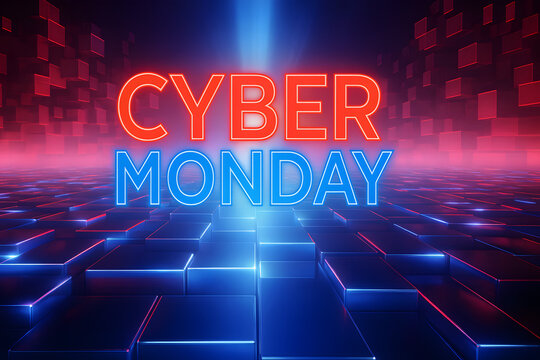 Glowing neon grid in cyberspace background with empty copy space, perfect for futuristic designs, digital ads, and tech promotions