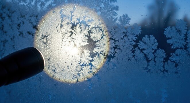 A Flashlight Shines on Ice Crystals on a Window Creating an Ethereal Winter Scene