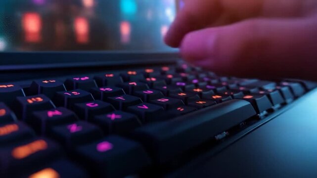 Hand typing on backlit keyboard with vibrant neon colors in low light
