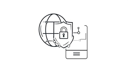 Line drawing of a globe with a shield and padlock overlay, alongside a smart phone schematic