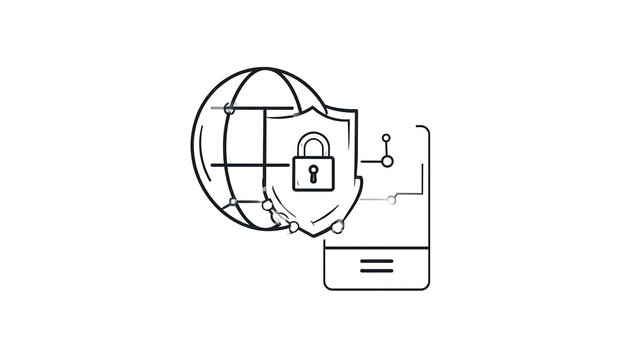 Line drawing of a globe with a shield and padlock overlay, alongside a smart phone schematic