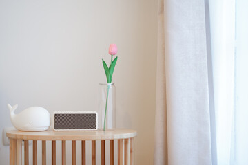 A flower vase, speakers and a doll are placed on a simple wooden table.