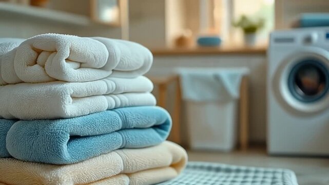 A stack of soft, folded towels with a washing machine in the background.