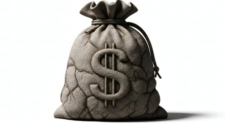 A detailed textured stone bag filled with cash and embossed with the iconic dollar sign, symbolizing wealth and financial prosperity