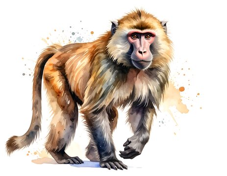 Watercolor illustration of a monkey walking forward, with colorful paint splatters