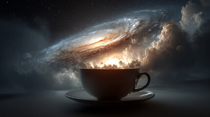Surreal scene of a galaxy swirling out of a coffee cup with vibrant stars and cosmic colors blending with coffee steam perfect for creativity imagination and abstract concept design