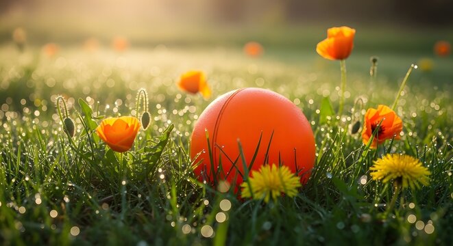 Vibrant orange ball rests in dew-kissed meadow amidst blooming poppies and dandelions, bathed in warm morning sunlight.