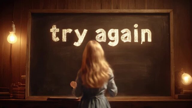 Teacher inspires growth mindset classroom as young student and child write hopeful message blackboard with chalk erasing