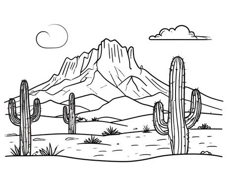 Desert landscape illustration with cacti, mountains, and a cloudy sky - Powered by Adobe