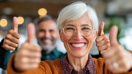 Joyful teacher embracing growth mindset smiling senior woman with colleagues giving thumbs up in bright office encouraging others