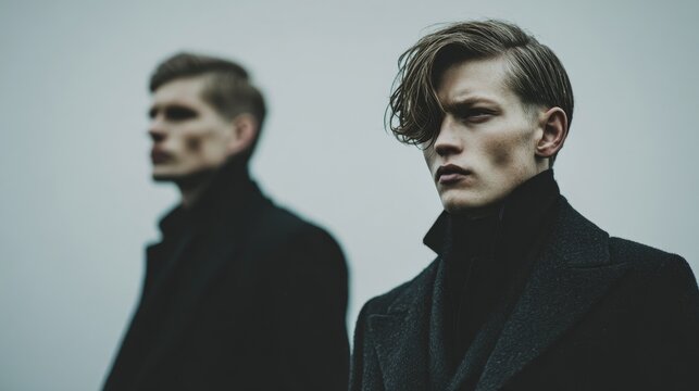 Two Caucasian men full-body fashion editorial in dark tailored coats against a minimalist light background highlighting posture, silhouette, texture, and modern composition