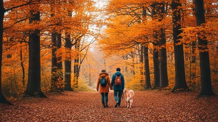 Couple holding hands walking dog in autumn forest with orange leaves - Powered by Adobe