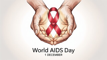 World AIDS Day Hands Cupping Red Awareness Ribbon