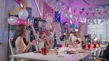 Success,winner,congratulations,achievement target,confetti and new year party with business people in office.Teamwork asian business support group of colleague celebration for winner of year target  - Powered by Adobe