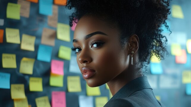 A thoughtful woman looking at sticky notes on wall in the office, A business woman looking at sticky notes on a wall.