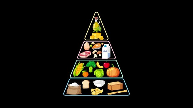 Food Group Pyramid Animation on Black Background with Gradual Build