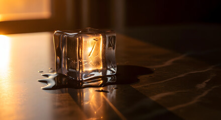 Melting ice cube glows with warm golden light creating a tranquil and refreshing mood for beverage or abstract concepts
