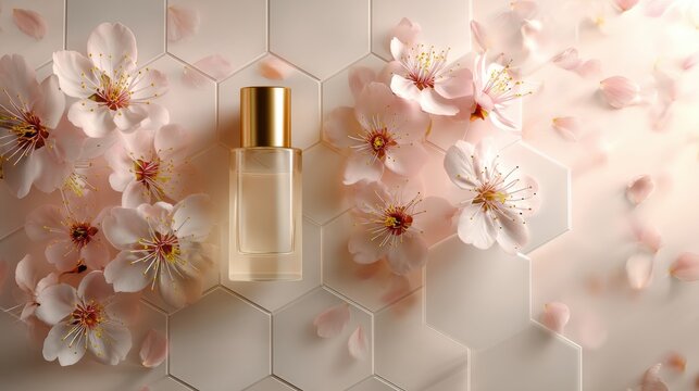 Elegant skincare product packaging for cosmetic brand background with soft pink cherry blossom floral pattern and minimalist glass serum bottle, beauty marketing campaign design

