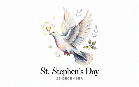St. Stephen's Day Dove with Heart and Holly Watercolor