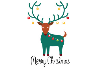 Festive reindeer with christmas lights and ornaments wishing a merry christmas