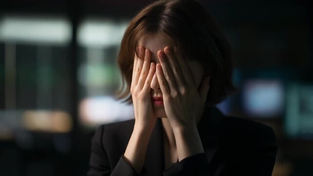 Emotional woman hiding her face, expressing stress and anxiety in a modern workspace setting