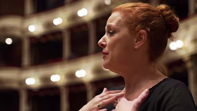 Opera singer performing on stage in a classic theater, expressive performance
