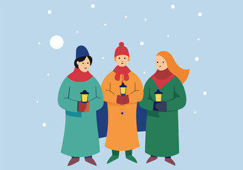 Three carolers holding lanterns in the snow with a light blue background for a festive holiday scene