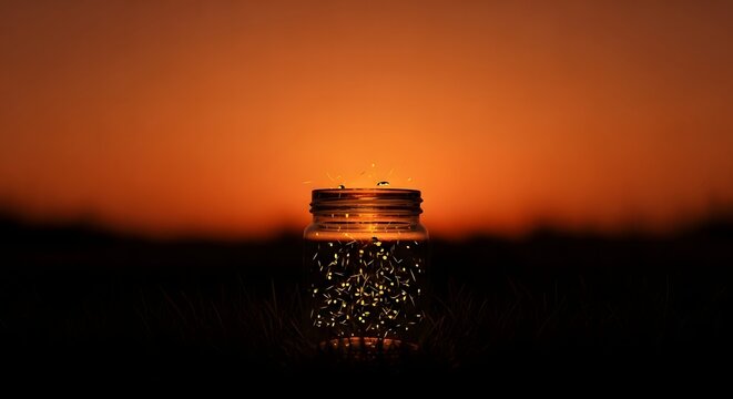 Magical fireflies illuminate a glass jar at sunset, creating a breathtaking display of natural wonder and enchantment.