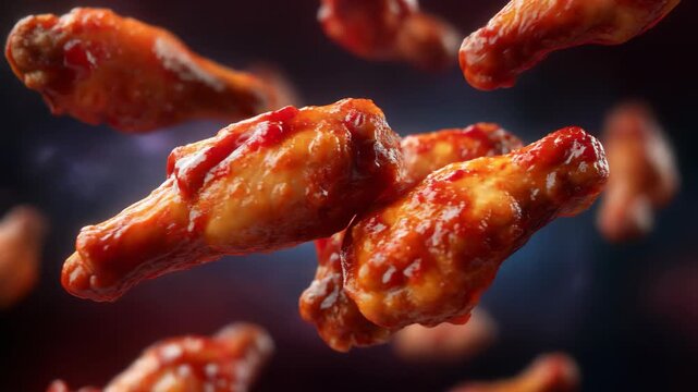 Delicious crispy chicken wings with spicy glaze on a dark background for food photography