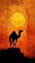 Fototapeta premium Camel Figure Silhouette on Bright orange sunset