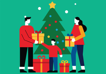 A happy family exchanging gifts around the christmas tree, celebrating the holiday season with love and joy in their home
