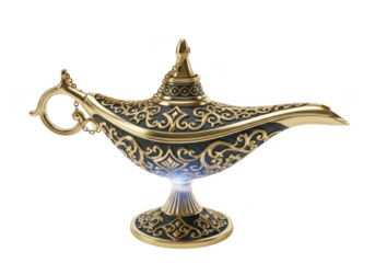 Ornate antique golden genie lamp with intricate patterns, isolated on transparent background, symbolizing magic and wishes