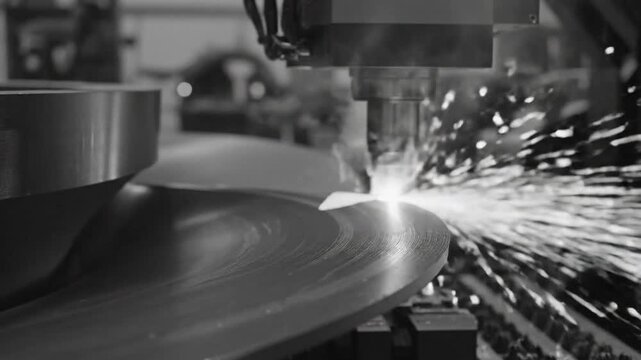 P51-Steel blades of turbine propeller 3D printing. Close-up view. In BW. Selected focus on foreground_4K_10s 98779396 1
