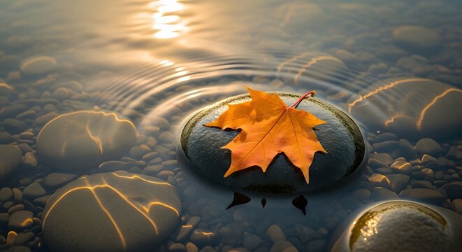 Serene autumn maple leaf rests on smooth stone in tranquil water with golden sun reflections creating peaceful ripples and light patterns