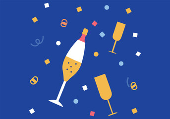 An illustration of champagne bottle and glasses with confetti on blue background