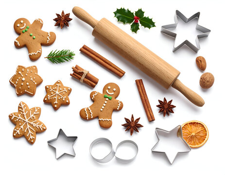 Collection of Christmas baking items, gingerbread cookies, wooden rolling pin, and cookie cutters on white. Holiday kitchen tools for festive culinary preparation